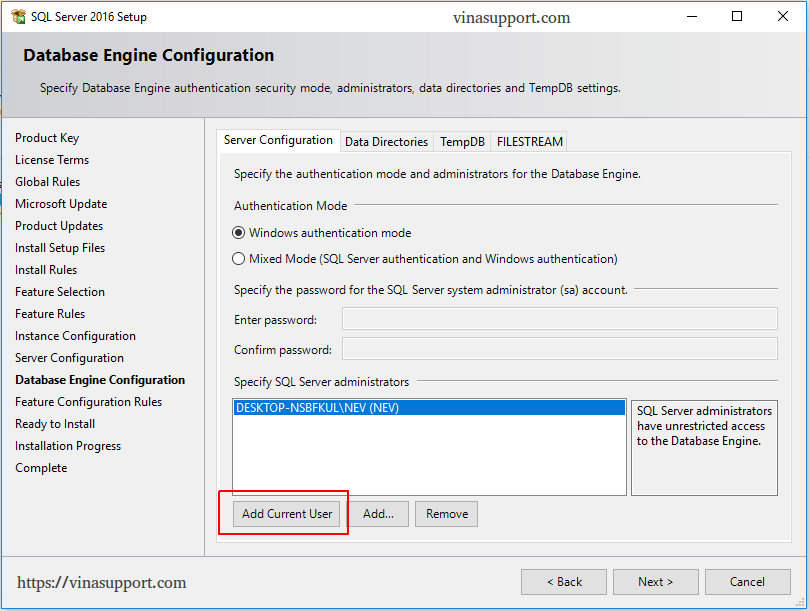 Cai dat SQL Server 2016 Step 9