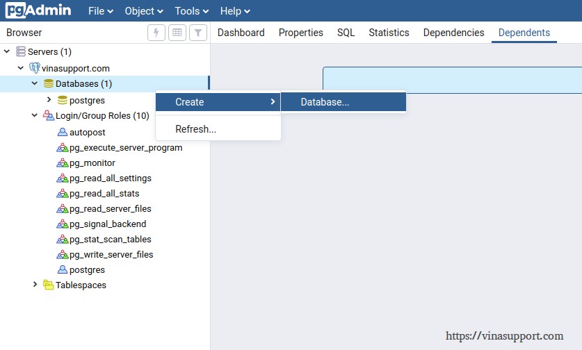 Tao / Create Database su dung PgAdmin4 Buoc 1