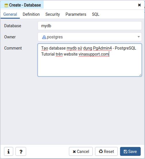 Tao / Create Database su dung PgAdmin4 Buoc 2